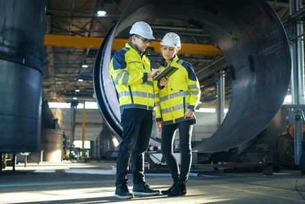 Two engineers in high visibilty jackets and hard hats looking at clipboard